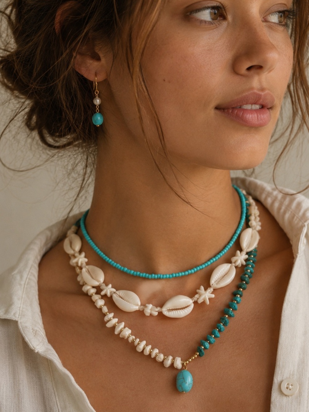 Turquoise Bead & Shell Layered Necklace - Picture 1 of 1
